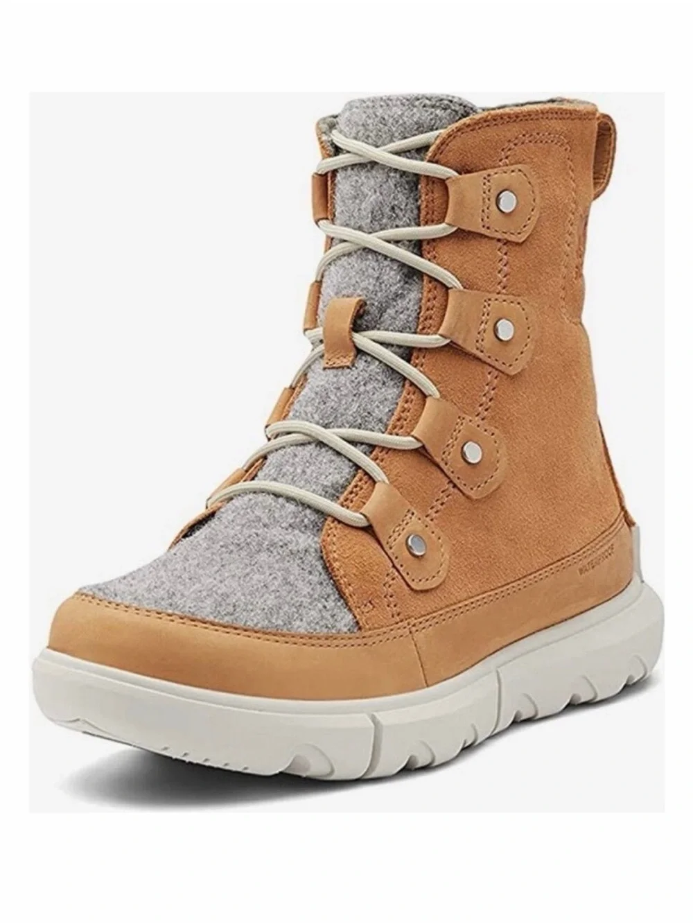 Sorel Joan tan leather gray felt ankle boot